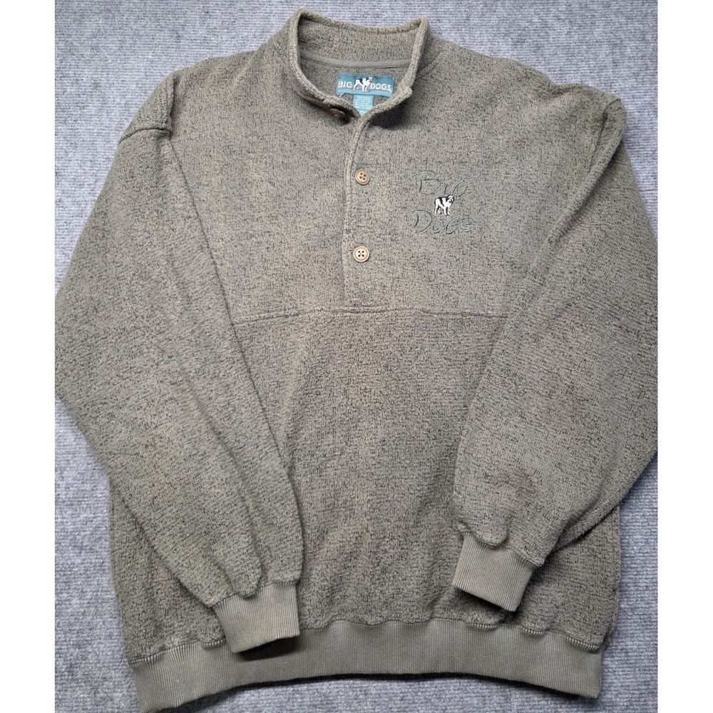 Big Dogs Sweater Mens Large Green 1/4 Button Mock Neck Pullover Long Sleeve Y2K